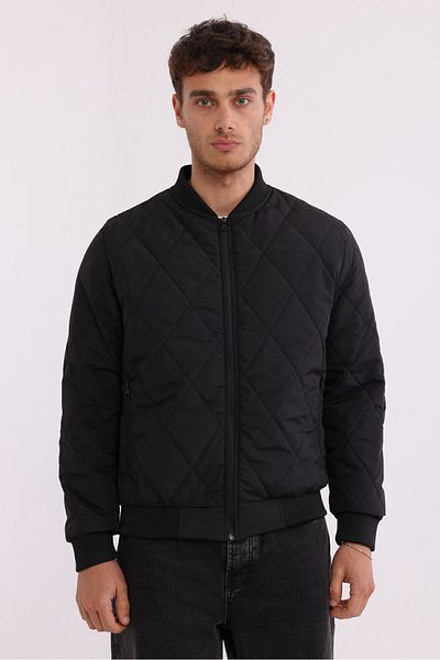 D1fference Men's Black College Collar Windproof Quilted Pattern Fiber Padded Coat