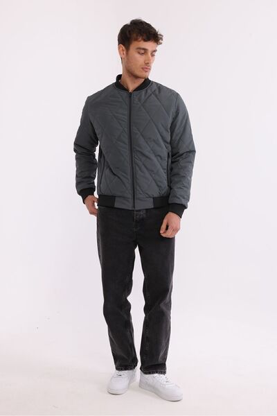 D1fference Pánský antracitový vysokoškolský límec větruodolný prošívaný vzorovaný kabát s výplní z vláken