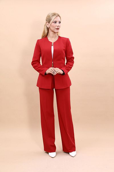 ÖNDER ÖZSOY Long Red Oval Collar Jacket and Wide Leg Pants Set