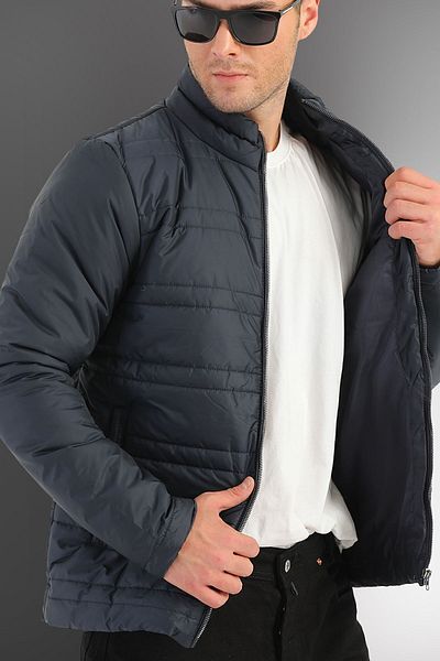 D1fference Men's Navy Blue Lined Windproof Stand Collar Coat