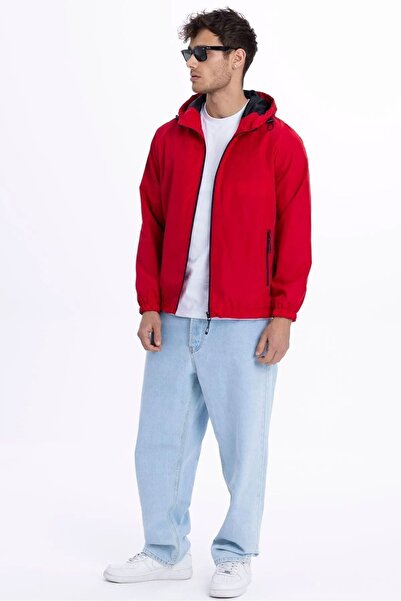 D1fference Férfi piros bélésű szélálló kapucnis sportcipő zsebekkel