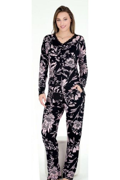 Cooqpoo Set pijamale din bumbac pieptănat M-l-xl cu flori albe pe negru