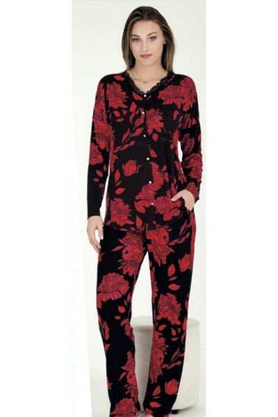 Cooqpoo Set pijamale din bumbac pieptănat M-l-xl cu flori roșii pe negru