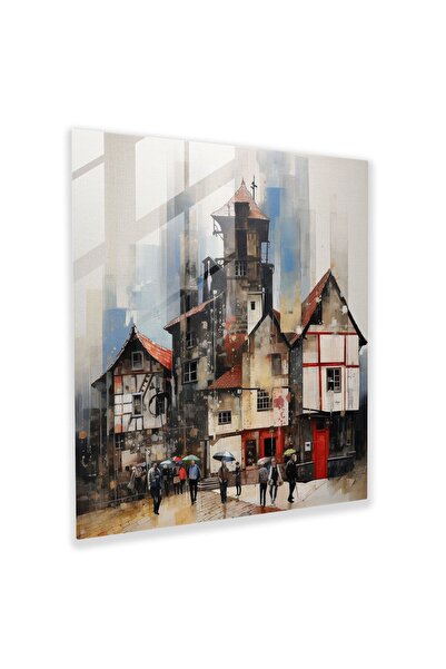 PaintedAnarchy Moving Village Square Glass Table, Village, Modern Art, Painti...