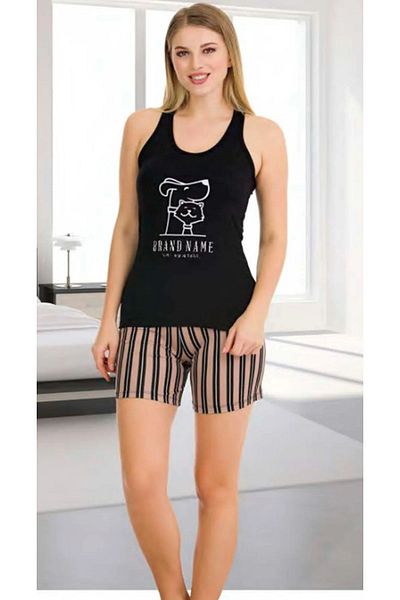 Cooqpoo Culoare neagră M-L-XL Fără mâneci, cu pantaloni scurți, pisică, câine, imprimat, țesătură de calitate, costum de pijama de vară