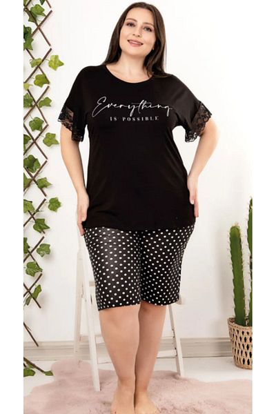 Cooqpoo Black Polka Dot Print 2Xl-3Xl-4Xl Size Short Sleeve Shorts Suit