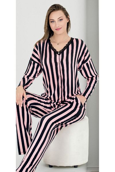 Cooqpoo Pink Black Striped M-L-Xl Combed Cotton Pajama Set