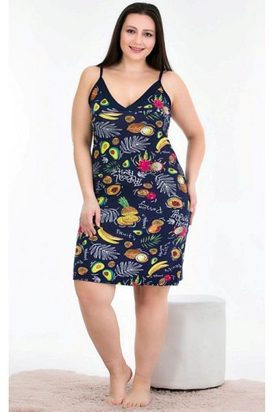 Cooqpoo Plus Size 2Xl-3Xl-4Xl Size Rope Strap Fruit Print Navy Blue Tunic Dress Nightgown