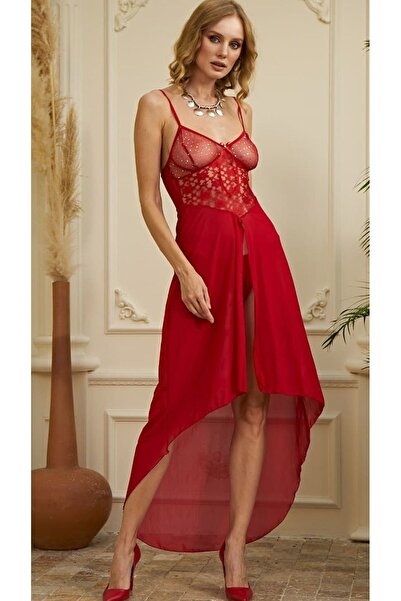 Cooqpoo Şık Tasarım Dantelli Uzun Gecelik Kalın Askılı Transparan Kırmızı Yır...