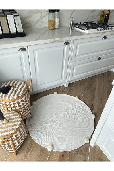 Halımax Milda 05 Çift Taraflı Jüt Kilim Pamuklu El Örgüsü Beyaz Yuvarlak Jüt Halı