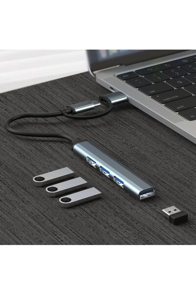 Coverzone 2 In 1 Adaptör 4 Port Type C USB 3.0 Hub USB 3.0 Adapter Type-C Çevirici USB Hub SW-HUB1