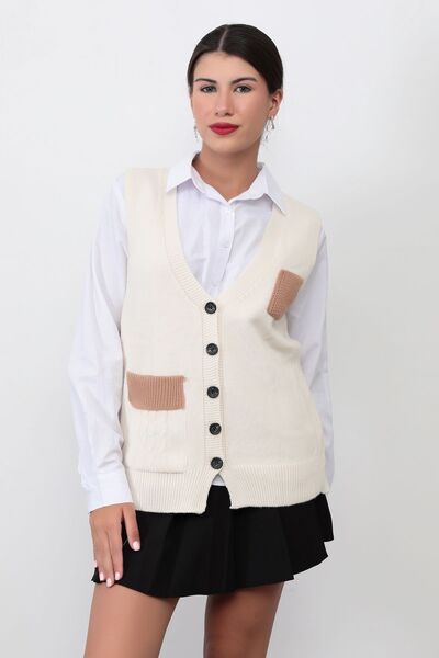 GİYSA Kadın Ten Düğmeli Cep Detaylı Triko Yelek - 2064