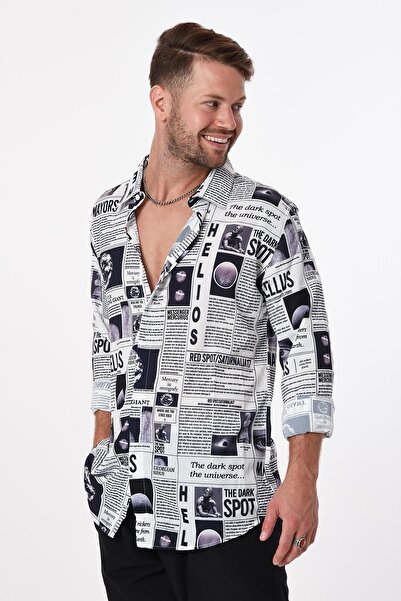 Rocqerx R-3652 Newspaper Pattern - Hidden Placket Long Sleeve Shirt with Feet and Collar