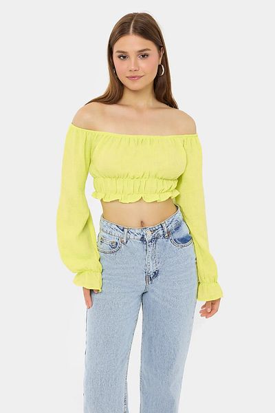 Hiccup Λινό Crop Top - Με λουράκι ώμου, μακρύ μανίκι και πλισέ λεπτομέρεια