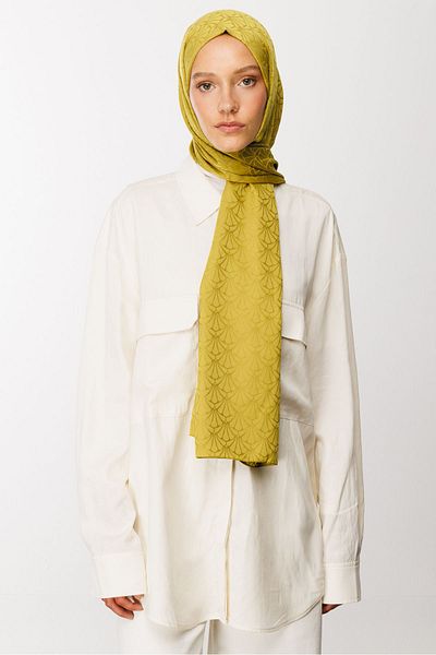 Mooncorn Μεταξένιο σάλι ζακάρ με μοτίβο Oliv Green Lotus