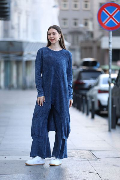AYASOFYA OTANTIK Navy Blue Patterned Women's Tunic and Trousers Antique - Cotton Knitwear 2-Piece Set