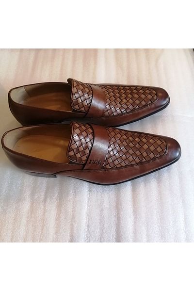 Fosco Men's - Genuine Calf Leather, Brown Antique, Hand Knitted Combination, Neolite Sole Shoes with Bands and Side Elastics