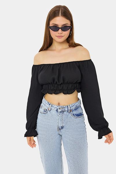 Hiccup Λινό Crop Top - Με λουράκι ώμου, μακρύ μανίκι και πλισέ λεπτομέρεια