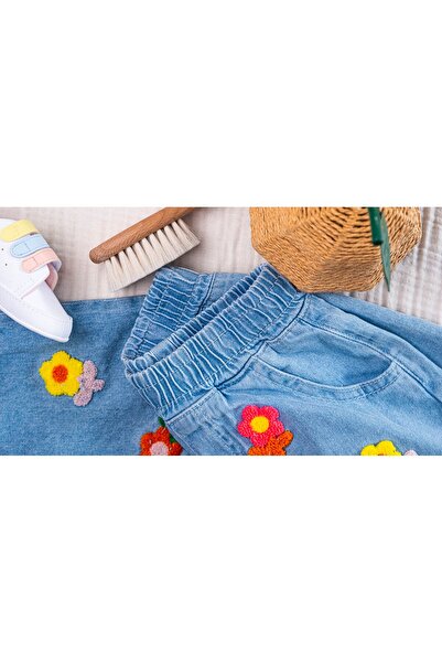 Jelibon Kolları fırfırlı Renkli Çiçek Nakışlı Kız Çocuk Jean Takım