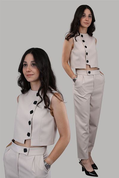 ÖNDER ÖZSOY Beige Buttoned Vest Set