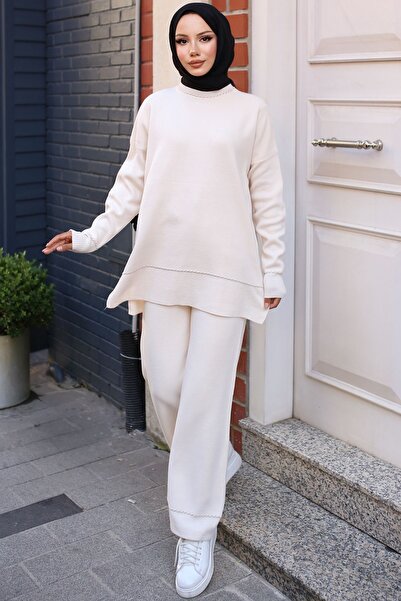benguen 3085 Model Ecru Knitwear Set - Striped and Striped