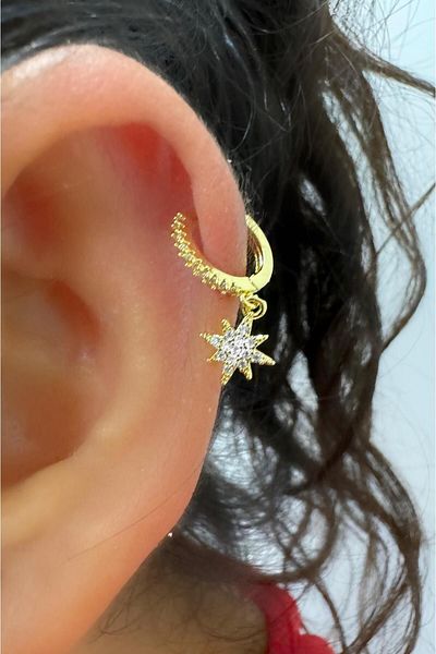 Arescollection Zircon Stone 1 Piece Pole - Star Helix Kikirdak and Earlobe Compatible Ring Piercing Earring