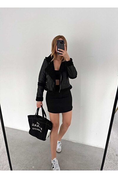 OlaLady Γυναικείο Biker Crop Jacket - Faux Leather, φερμουάρ και γούνα