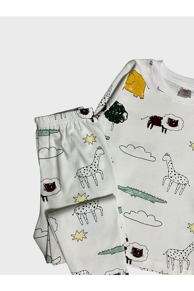 elmas kids Set de pijamale albe cu mânecă lungă pentru băiat - 100% bumbac, model Safari