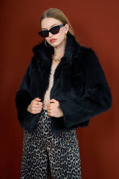 Neşeli Butik Black Fur Coat - Stand Collar, Women, Nbmylk18