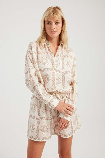 Hiccup High Waist Elastic Patterned Shirt and Shorts Set - 2 Pieces