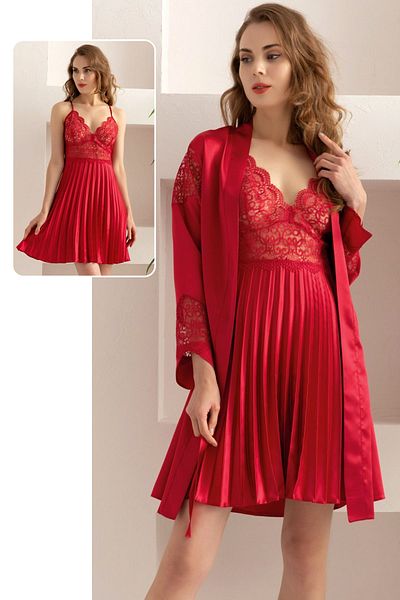 Jenny Daphne Red Lace Detailed Satin Nightgown and Dressing Gown Set - 2-Piece Long Sleeve 15235