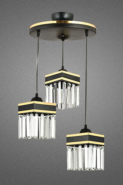 SONSUZ AYDINLATMA&AVİZE Infinite 3-Piece Black Pendant Lamp Crystal Stone Yellow Stripe Square Downward Facing Luxury Chandelier