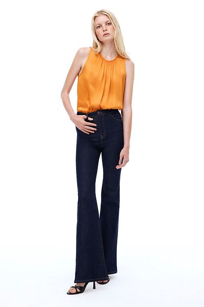 Perspective Safira Orange Crew Neck Women's Zero Sleeve Blouse - Regular Fit