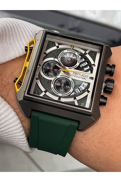 Ferrucci Green Color Steel Case Silicone Cord - 3 Atm Waterproof Men's Wristwatch Bracelet