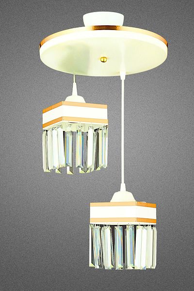 SONSUZ AYDINLATMA&AVİZE Endless 2-Piece White Pendant Lamp with Crystal Stones and Yellow Stripe Square Downward Facing Luxury Chandelier