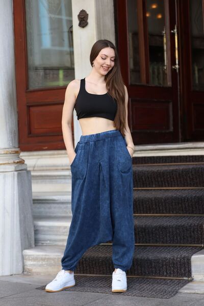 AYASOFYA OTANTIK Kadın Lacivert Beli ve Paçası Lastikli Cepli Detaylı Eskitme...