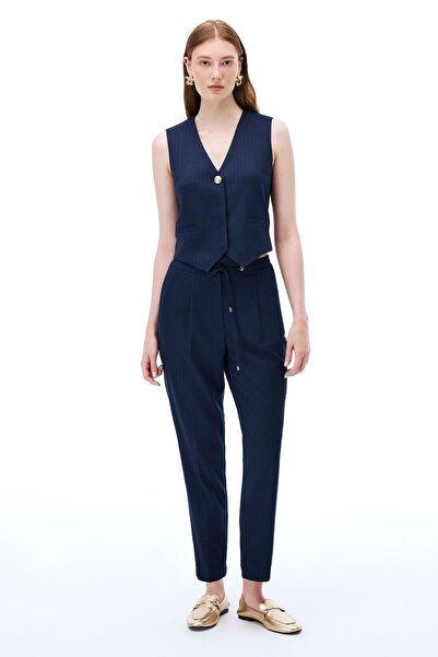 Perspective Navy Blue Striped Pattern - Ankle Length Regular Fit Women's Trou...