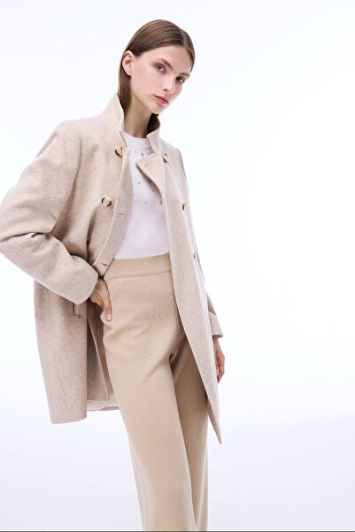 Perspective Arlines Beige Women's Coat - Over-The-Knee Fitted Sleeves and Prevailing Collar