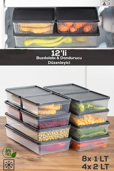 Porsima 1101-1169 12-Piece Anthracite Fridge Organizer - Microwave, Deep Freezer and Freezer Pulses Storage Container