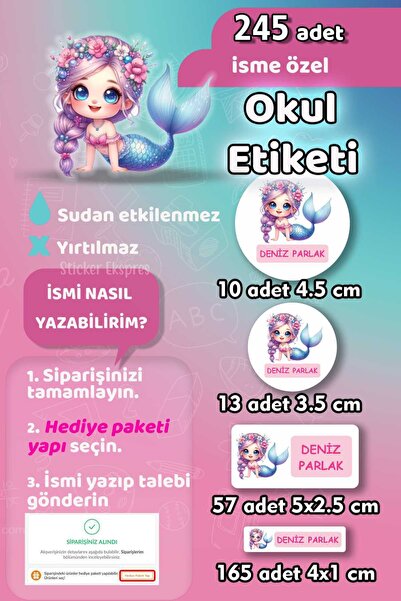 Sticker Ekspres Okul Etiketi Mor Saçlı Deniz Kızı Kalem Defter Etiketi 245 Ad...