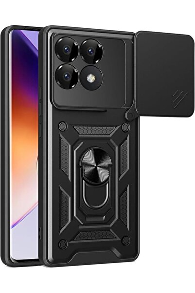 Fibaks Poco F6 Pro Case Camera Protected Armor Military Tank Protective Cover with Sliding Ring