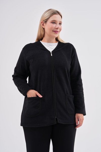 Kardelen Butik Ümraniye Polar Cardigan Black Zippered Winter Wear