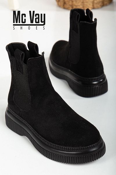 Mc vay Shoes Chelsea Black Suede Elastic Detailed Stylish Women's Bootie