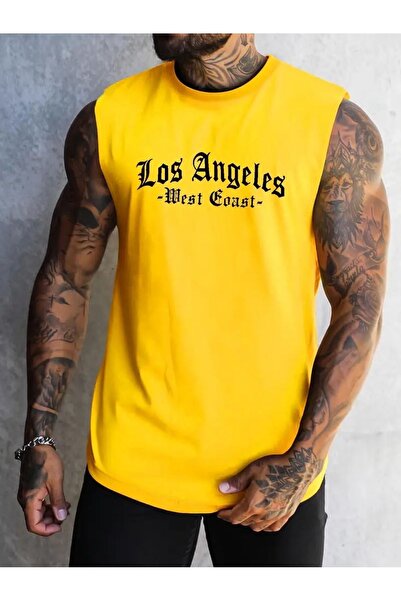 NO 601 تيشيرت رجالي أصفر بدون أكمام بطبعة لوس أنجلوس