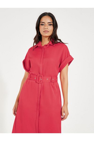 Styli Belted Shirt Midi Dress with Turn-Up Sleeves