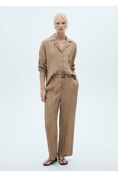 MANGO Woman Kalhoty s texturou s páskem