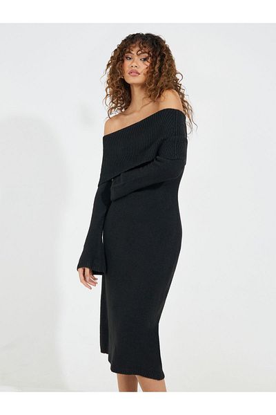 Styli Off Shoulder Knit Sweater Midi Dress