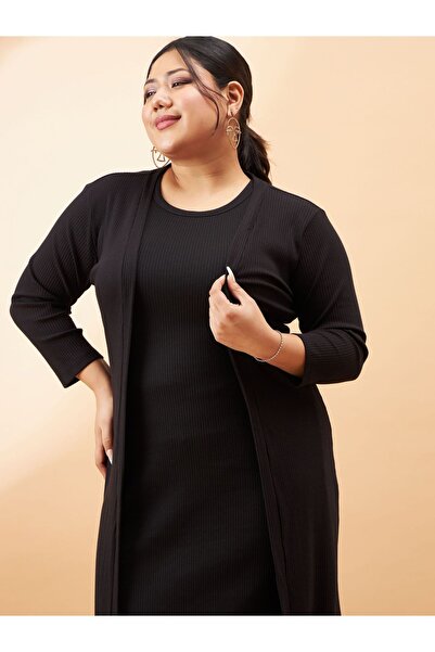 Sassafras By Styli Plus Ribbed Bodycon Midi Dress with Shrug Set