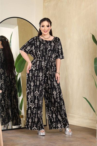 garajmood Large Size Jumpsuit with White Pattern on Black