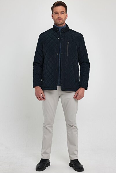 SİVAİST Мъжко тъмно синьо палто с стандартна кройка, подплатено с кожа, с яка с копчета, подплатено, с шарки